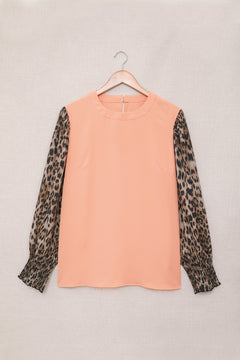 Leopard Puff Sleeve Spliced Top