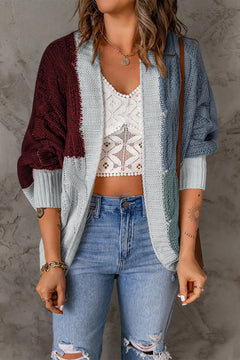 Color Block Cable-Knit Batwing Sleeve Cardigan