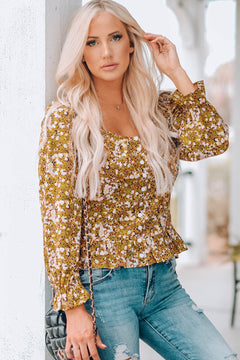 Printed Ruffle Hem Smocked Top