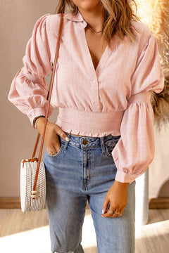 Textured Bubble Sleeve Smocked Cropped Top