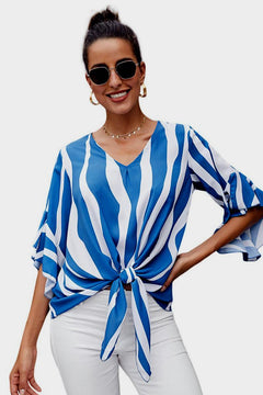 Striped Flounce Sleeve Knot Hem Top