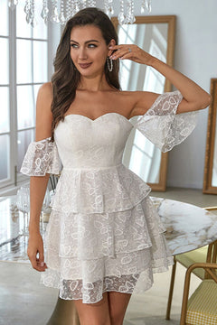 Off-Shoulder Lace Layered Mini Dress