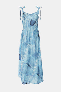 Tie-Shoulder Split Patchwork Denim Dress