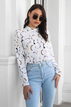 Printed Gathered Detail Mock Neck Blouse