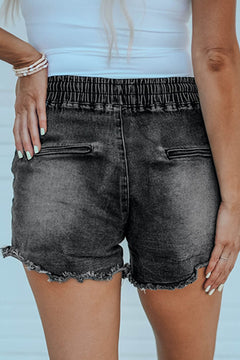 Elastic Waist Distressed Raw Hem Denim Shorts