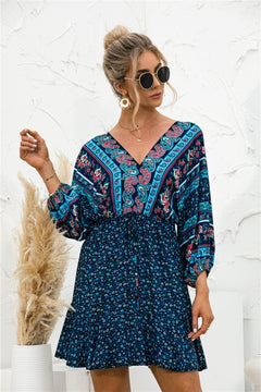 Printed Lantern Sleeve V Neck Dress