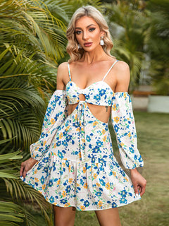 Floral Cutout Cold-Shoulder Ruffle Hem Dress