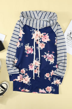 Striped Floral Print Hooded Top