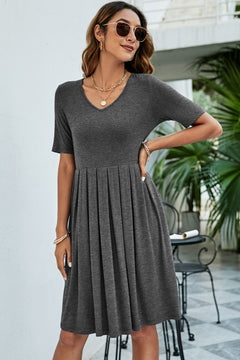 V-Neck Pleated Knee-Length Dress