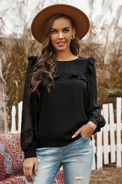 Ruffle Trim Appliques Mesh Sleeve Top