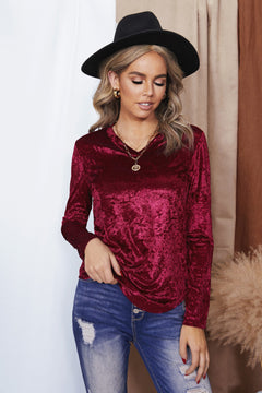 V-Neck Curved Hem Crushed Velvet Tee