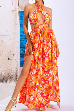 Printed Cutout Halter Neck Tie Back Split Dress