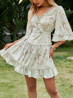 Printed Frill Trim Lace-Up Flare Sleeve Mini Dress