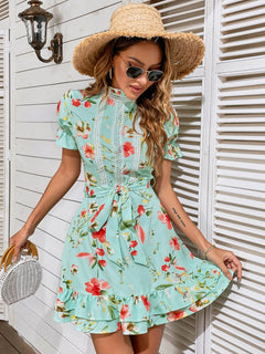 Floral Keyhole Tie Waist Mini Dress