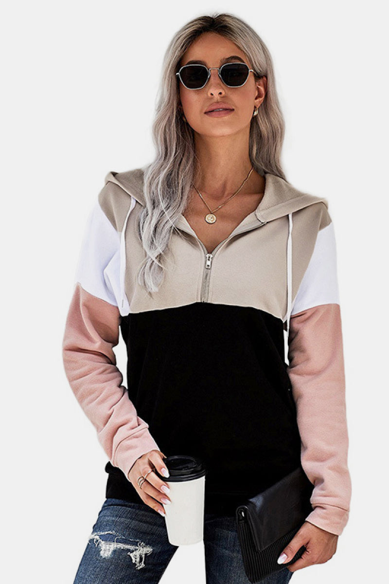 Colorblock Half Zip Drawstring Sweatshirt