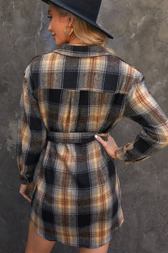 Plaid Tie Waist Button Down Shirt Dress