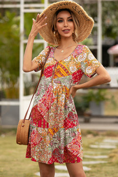 Multicolor Pring Tie V-Neck Smock Dress