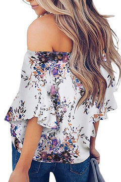 Off Shoulder Floral Tie Front Chiffon Blouse