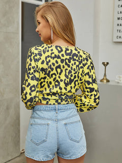 Leopard Tie Front Round Neck Cropped Top