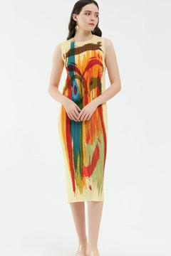 Abstract Print Accordion Pleated Sleeveless Dress