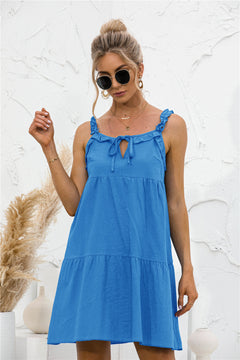 Solid Ruffle Hem Tie Neck Dress