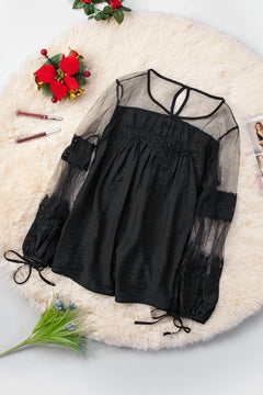 Contrast Sheer Mesh Lace Up Blouse