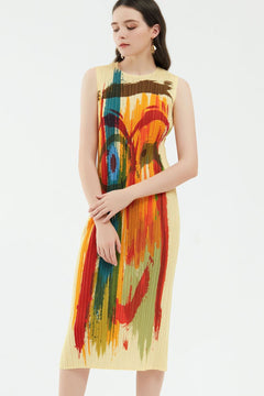 Abstract Print Accordion Pleated Sleeveless Dress