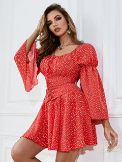 Polka Dot Lace-Up Bell Sleeve Mini Dress