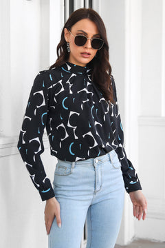 Printed Gathered Detail Mock Neck Blouse