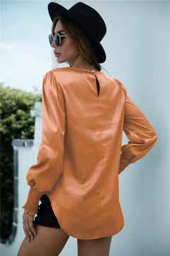 Ruched Round Neck Keyhole Back Blouse