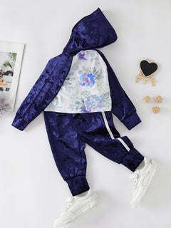 Girls Floral Crushed Velvet Hoodie and Side Stripe Pants Set