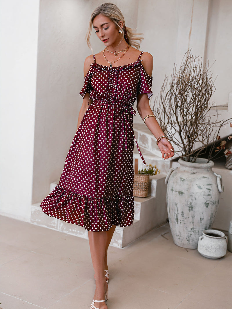 Polka Dot Tie-Waist Ruffle Hem Dress