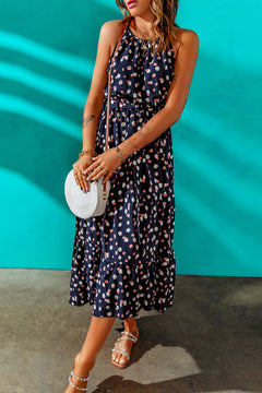 Polka Dot Belted Sleeveless Tiered Maxi Dress