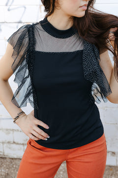 Glitter Spliced Mesh Mock Neck Top