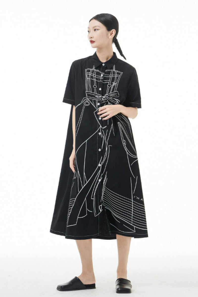 Graphic Button Front Midi Shirt Dress