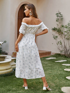 Printed Swiss Dot Off-Shoulder Tiered Dress