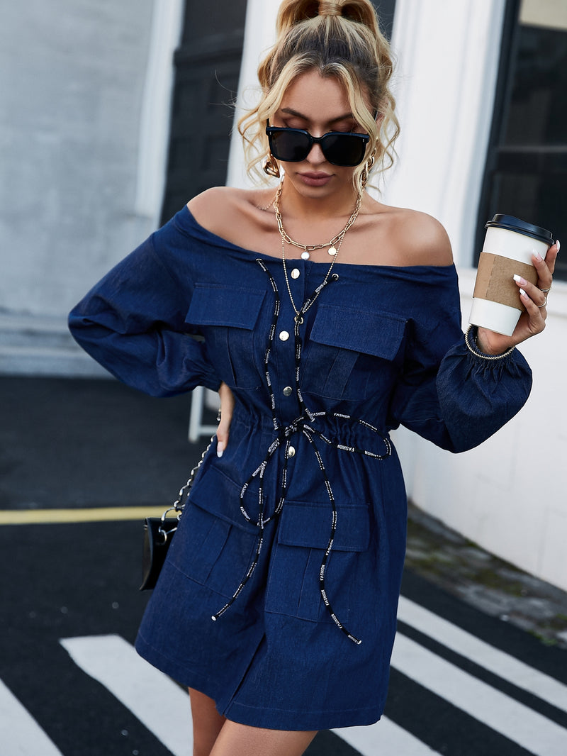 Off-Shoulder Drawstring Denim Dress with Pockets