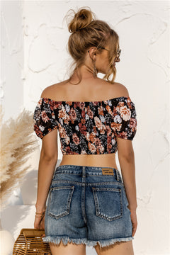 Floral Off Shoulder Drawstrings Crop Top