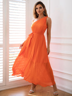 One-Shoulder Pleated Sleeveless Dress