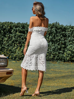 Belted Off-Shoulder Lace Fishtail Dress