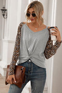 Contrast Leopard Sleeve Twist Front Top