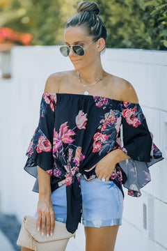 Off Shoulder Floral Tie Front Chiffon Blouse