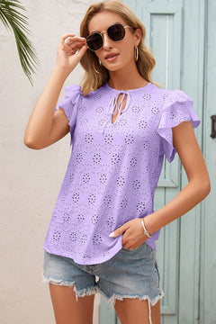 Eyelet Embroidery Tie-Neck Top