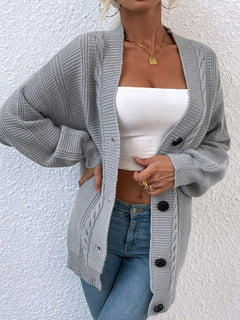 Cable-Knit Button Down Ribbed Trim Cardigan