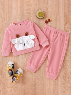 Baby Girl Goat Applique Plush Sweatshirt and Pants Set