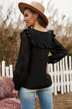 Ruffle Trim Appliques Mesh Sleeve Top