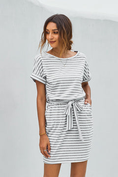 Stripes Pocketed T-shirt Dress with Belt