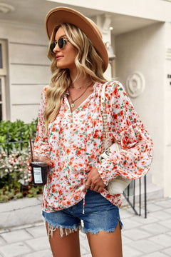 Floral Tie Neck Lantern Sleeve Blouse