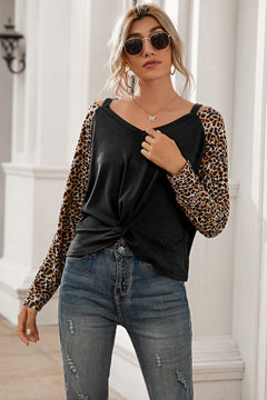 Contrast Leopard Sleeve Twist Front Top