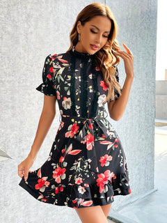 Floral Keyhole Tie Waist Mini Dress